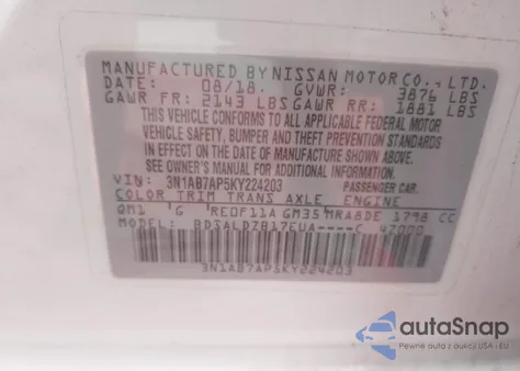 2019 Nissan Sentra Sv z USA, uszkodzony, nr VIN 3N1AB7AP5KY224203